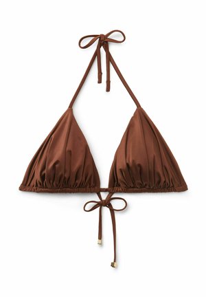 Brown triangle bikini top with gathered fabric, adjustable tie straps at the neck and back, featuring gold-tone metal accents.