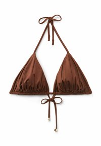 Brown triangle bikini top with adjustable ties. Gathered texture and solid color design. Features a tie closure at the back and neck.