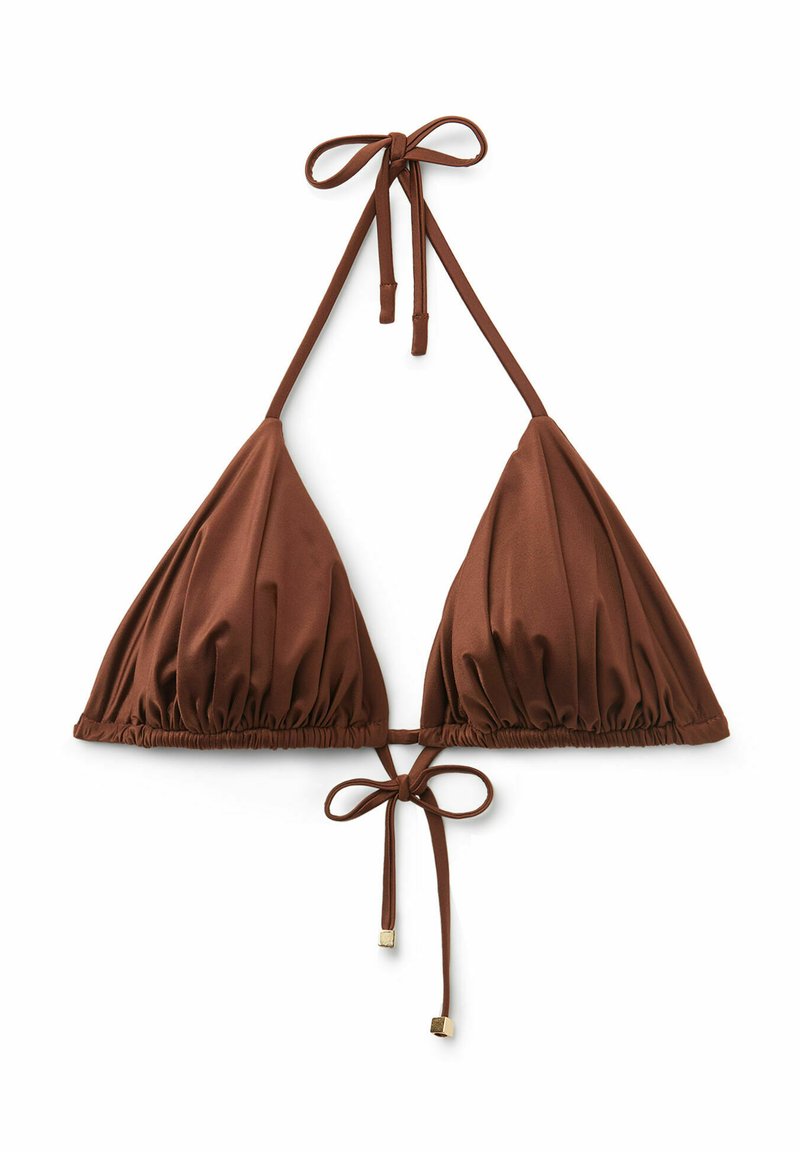 Brown triangle bikini top with adjustable ties. Gathered texture and solid color design. Features a tie closure at the back and neck.