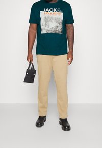 Teal graphic t-shirt with a black and white mountain print, paired with beige trousers and black boots; holding a small black bag.