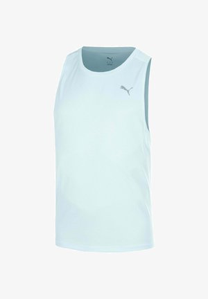 Canotta sportiva azzurro chiaro senza maniche con scollo rotondo e piccolo logo Puma sul lato sinistro del petto.