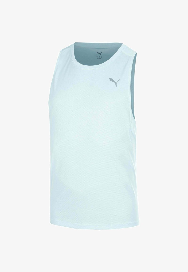 Débardeur de sport bleu clair sans manches avec col rond et petit logo Puma sur la poitrine gauche.