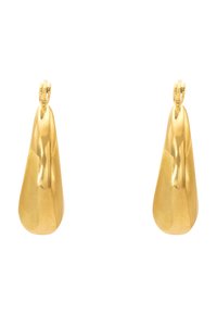 Boucles d'oreilles en or avec une forme en goutte d'eau élégante, dotées d'une surface lisse et réfléchissante et d'une fermeture à crochet sécurisée.