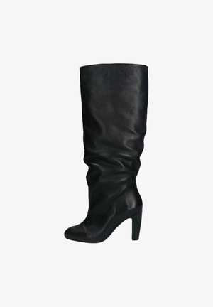 Black leather knee-high boots with a slouched design, round toe, and a medium block heel. Smooth texture, no visible hardware or accents.