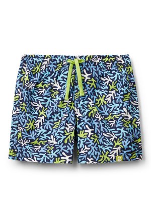 Swim trunks in a navy background featuring a colorful coral pattern in blue, green, and white; elastic waistband with a lime drawstring.