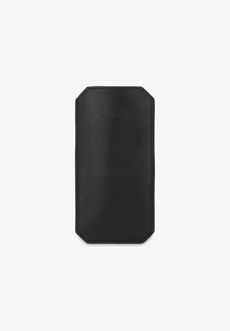 Black leather cardholder with an octagonal shape, smooth texture, and subtle branding. Features contrasting stitching along the edges.