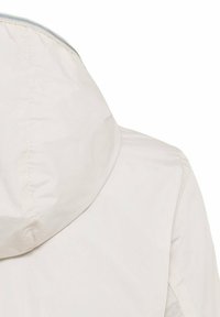 Lys beige hættejakke med en glat tekstur, elastiske manchetter og snoretræk ved halsen for justerbar pasform.