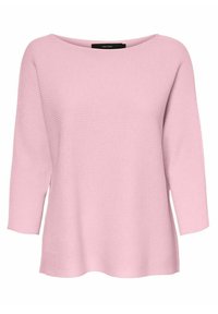 Maglione a coste di un delicato rosa, con una ampia scollatura a barca e maniche a tre quarti. Tessuto morbido con una vestibilità rilassata.