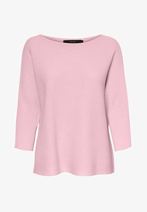 Maglione a coste di un delicato rosa, con una ampia scollatura a barca e maniche a tre quarti. Tessuto morbido con una vestibilità rilassata.