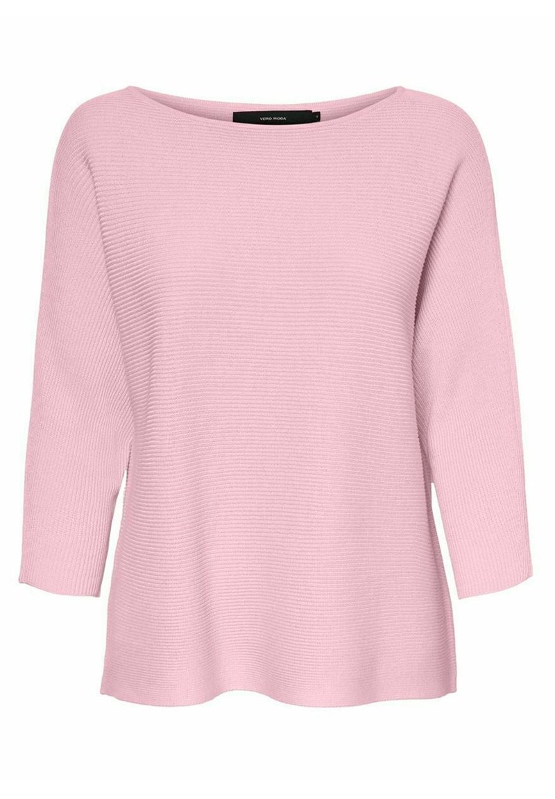Maglione a coste di un delicato rosa, con una ampia scollatura a barca e maniche a tre quarti. Tessuto morbido con una vestibilità rilassata.