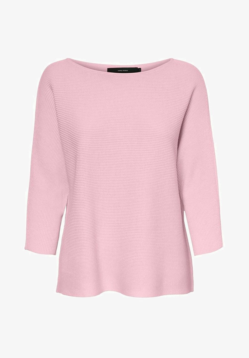 Maglione a coste di un delicato rosa, con una ampia scollatura a barca e maniche a tre quarti. Tessuto morbido con una vestibilità rilassata.