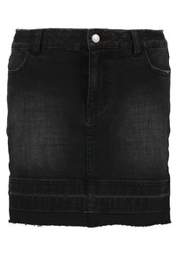 Czarna spódnica dżinsowa z postrzępionym dołem, z pięcioma kieszeniami, z przodem na guziki i dopasowanym krojem.