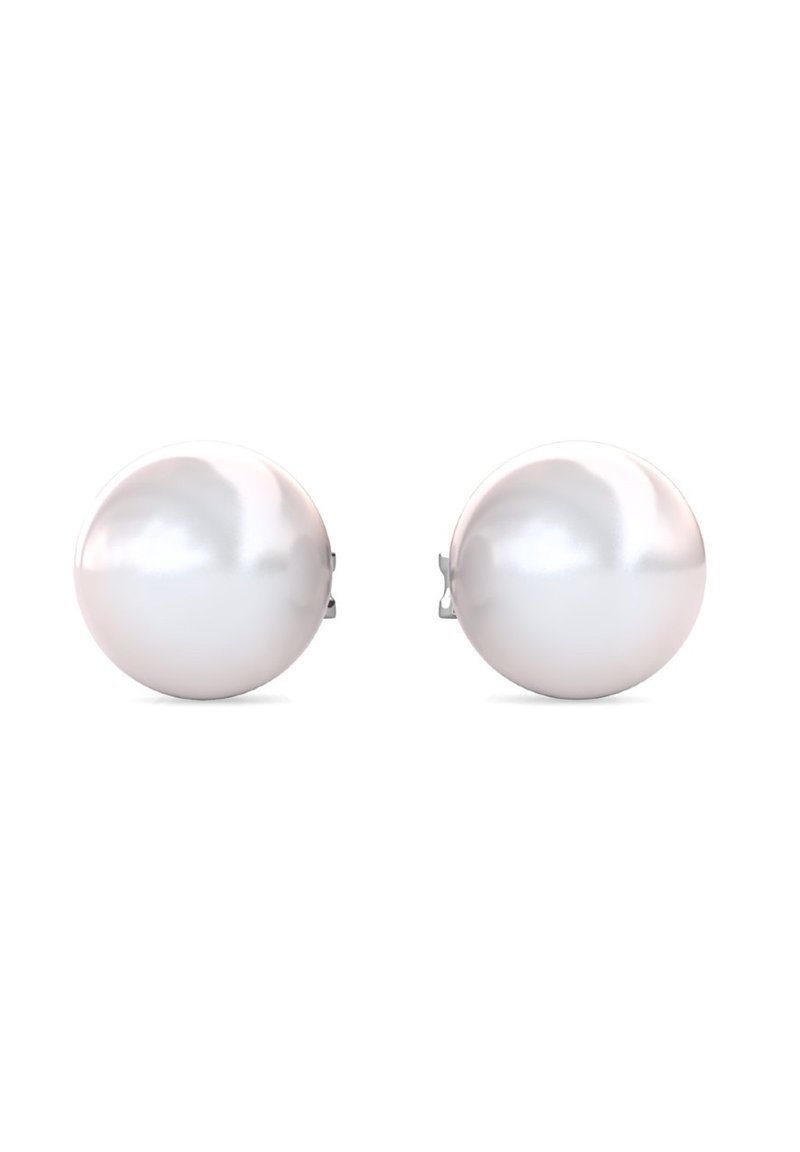 Orecchini rotondi in perla bianca con una finitura lucente e hardware in argento. Superficie liscia, design classico adatto per diverse occasioni.
