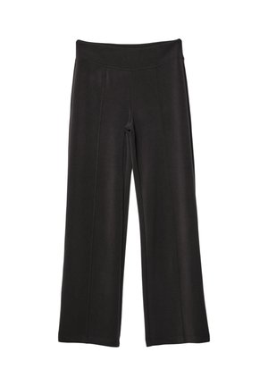 Pantaloni neri a gamba larga realizzati in tessuto morbido ed elasticizzato. Caratterizzati da una vita alta, cuciture piatte e una texture liscia. Adatti per un abbigliamento casual.
