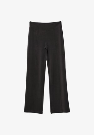 Schwarze weit geschnittene Hose aus weichem, elastischem Stoff. Merkmale sind ein hoher Bund, flache Nähte und eine glatte Textur. Eignet sich für legere Anlässe.