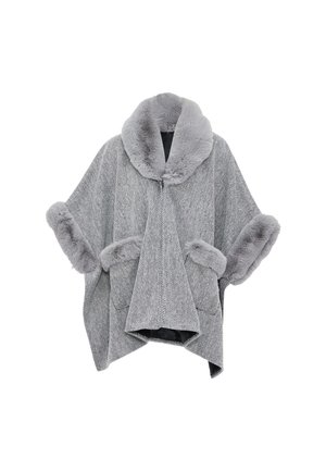 Grijze poncho met een geweven textuurpatroon, faux fur kraag en manchetten, open voorkant en twee zijzakken, gemaakt van een zachte stoffenmix.