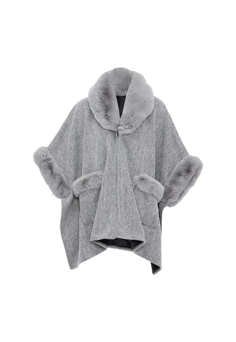 Grijze poncho met een geweven textuurpatroon, faux fur kraag en manchetten, open voorkant en twee zijzakken, gemaakt van een zachte stoffenmix.