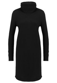 Schwarzes Rollkragenkleid aus weichem Stoff, mit langen Ärmeln, lockerer Silhouette und gerundetem Saum. Einfaches, einfarbiges Design ohne Muster.