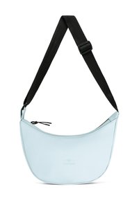 Borsa a spalla in finta pelle azzurro chiaro con forma curvata, tracolla nera regolabile, chiusura con zip e logo impresso.