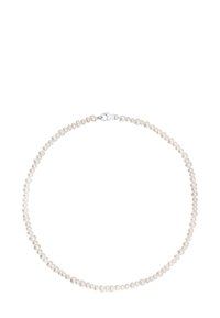 Collana di perle con perle rotonde, color avorio chiaro, dalla texture liscia, chiusa con un fermaglio in argento. Distribuite uniformemente, design semplice.