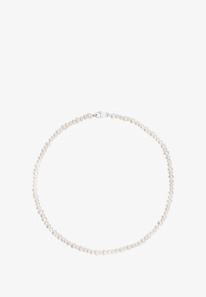 Collana di perle con perle rotonde, color avorio chiaro, dalla texture liscia, chiusa con un fermaglio in argento. Distribuite uniformemente, design semplice.