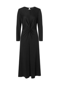 Robe noire mi-longue à manches longues, avec un détail de nœud tordu à la taille, fabriquée en tissu doux et lisse. Fermeture par trou de serrure au dos.