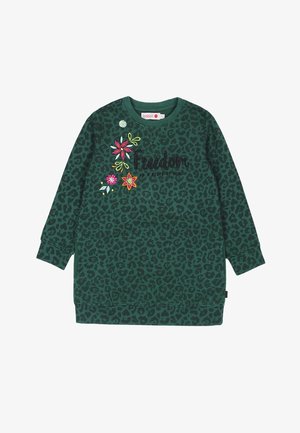 Vestido sudadera verde con estampado de leopardo negro, flores bordadas y la palabra "Libertad". Puños acanalados y diseño de cuello redondo.