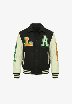 Local Fanatic, GEBORDUURDE VINTAGE VARSITY JACKET OVERSIZED - NW - BD-851 - Bomberjacks - zwart