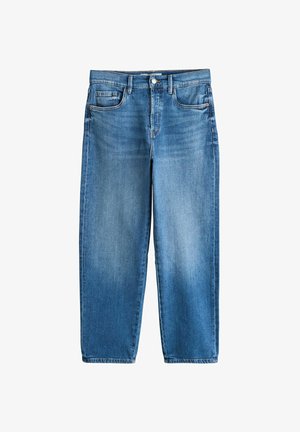 Light blue denim jeans with a loose fit, featuring five pockets, a button closure, and stitching details on the waistband and pockets.