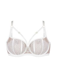 Biały koronkowy stanik z przezroczystymi panelami, wsparciem w postaci fiszbin, regulowanymi ramiączkami z złotymi elementami i dekoracyjnym detalem na środku.