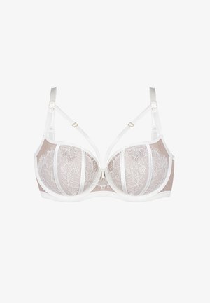 Biały koronkowy stanik z przezroczystymi panelami, wsparciem w postaci fiszbin, regulowanymi ramiączkami z złotymi elementami i dekoracyjnym detalem na środku.