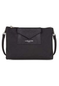 Borsa a tracolla nera realizzata in tessuto testurizzato, con una patta triangolare e hardware argentato. Include una tracolla removibile per maggiore versatilità.