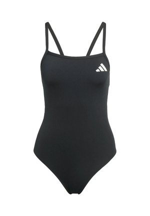 Bañador negro de una pieza con finas tirantes y un pequeño logo blanco de Adidas en el pecho superior izquierdo.