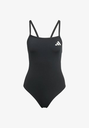 Zwarte eendelige badpak met dunne schouderbandjes en een klein wit Adidas-logo op de bovenste linkerbovenborst.