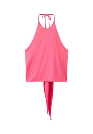 Top rose sans manches à col halter avec clous latéraux et longues attaches en tissu suspendues à l'encolure arrière.