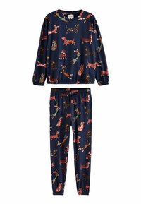 Navy pyjama set met lange mouwen en elastische tailleband, met kleurrijke teckelpatronen in verschillende posities. Zachte, lichte stof.