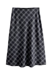 Jupe à carreaux noirs avec un motif géométrique de lignes grises, de coupe évasée et à la texture lisse, adaptée pour un usage décontracté ou formel.