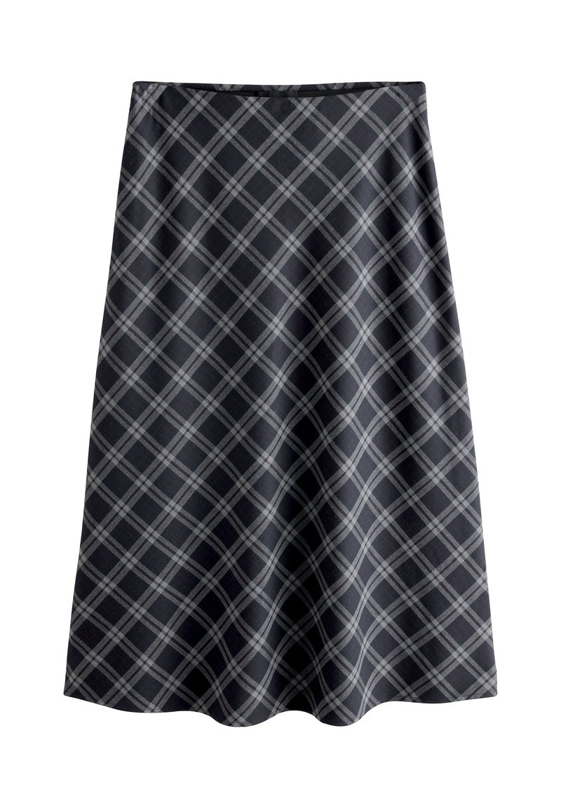 Jupe à carreaux noirs avec un motif géométrique de lignes grises, de coupe évasée et à la texture lisse, adaptée pour un usage décontracté ou formel.