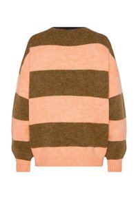Oversized sweater with a round neckline, featuring alternating peach and brown horizontal stripes, made of soft knit material.