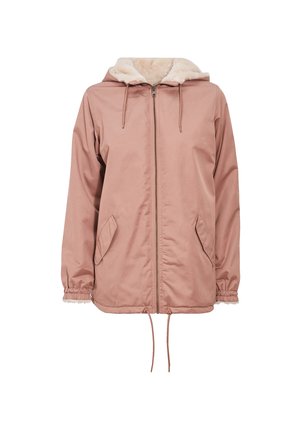 Roze buitenjack met een rits aan de voorkant, verstelbare capuchon, zachte nepbontvoering, elastische manchetten en zijzakken. Glad, lichtgewicht stof.