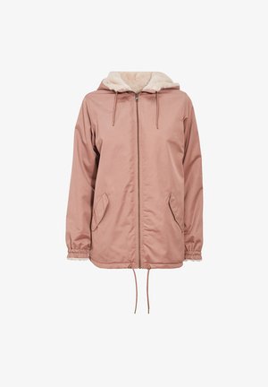 Pink outer jacket with a zip front, drawstring hood, soft faux fur lining, elasticized cuffs, and side pockets. Smooth, lightweight fabric.