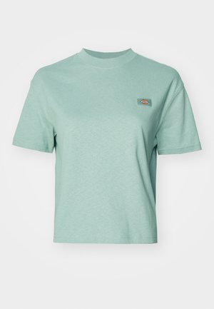 T-shirt de algodão verde menta com decote redondo, mangas curtas e um pequeno logótipo no lado esquerdo do peito. Textura suave e design cropped.