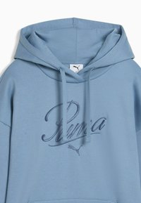 Lichtblauwe hoodie met trekkoorden en geborduurd donkerblauw Puma-logo en tekst over de borst, die de bovenste voorkant en details van de capuchon toont.