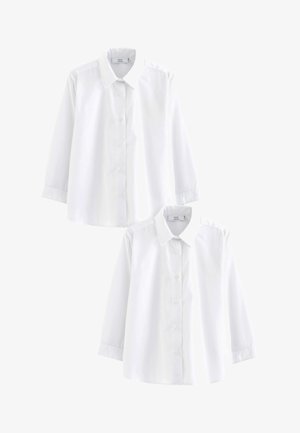 Bílá košile s dlouhými rukávy, má zapínání na knoflíky vpředu, rovný střih a hladkou texturu látky. Vhodná pro různé příležitosti.