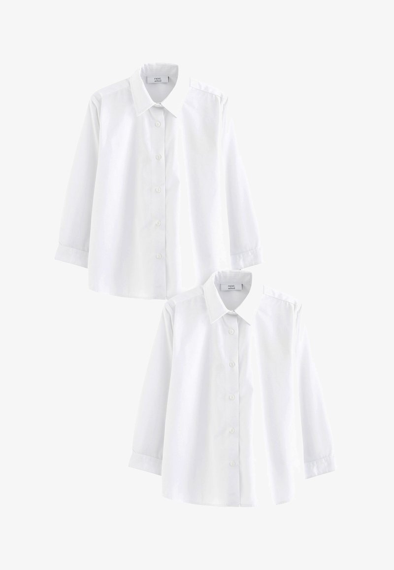 Biała koszula z kołnierzykiem, z długimi rękawami, z guzikami z przodu, prostym krojem i gładką teksturą materiału. Odpowiednia na różne okazje.