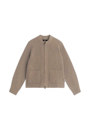 Beige knitted cardigan with a round neck, zip front, ribbed texture, and two front pockets. Features raglan sleeves for a relaxed fit.