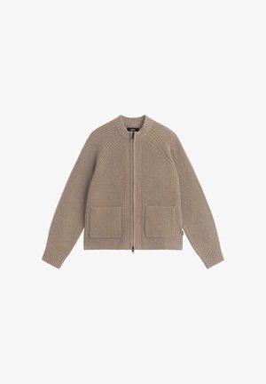 Beige gestrickte Strickjacke mit rundem Ausschnitt, Reißverschluss vorne, gerippter Textur und zwei vorderen Taschen. Verfügt über Raglanärmel für eine entspannte Passform.