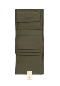 Groene leren portemonnee met meerdere kaartsleuven en een drukknoopsluiting. Heeft een gestructureerd oppervlak en een metalen accent aan de onderkant.