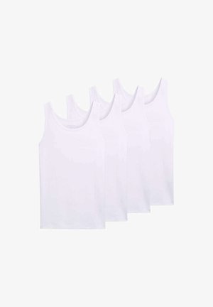 Četiri bijela pamučna majica bez rukava s okruglim izrezom i glatkom teksturom. Svaka ima ravni rub i minimalno šivanje.