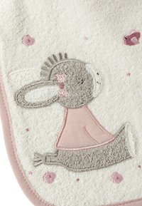 White towel with light pink border featuring an embroidered donkey in gray and pink, textured fur, and small pink dots surrounding the design.